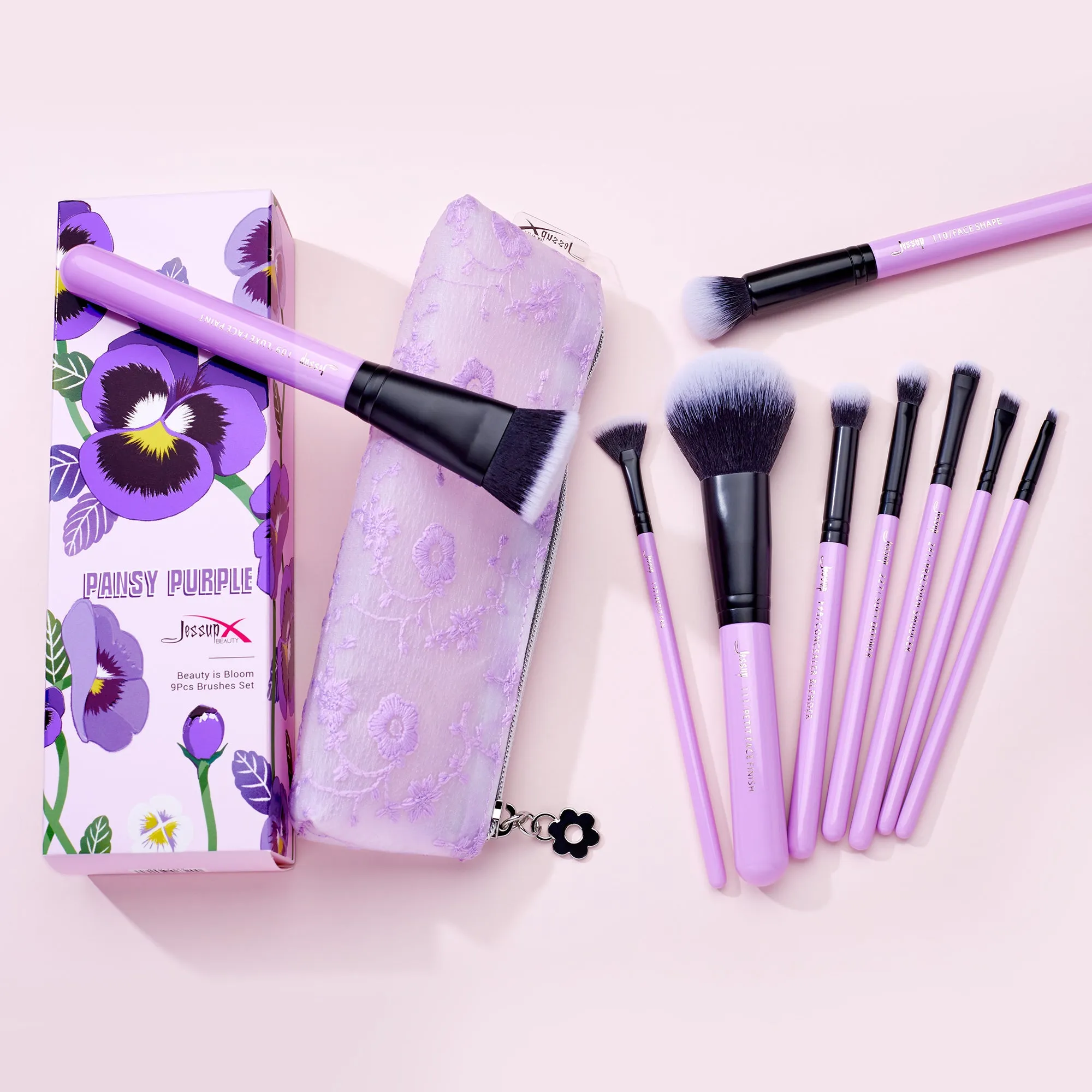 Gift Set Pansy Purple 9Pcs Essential Makeup Brush Set with Storage Bag T320