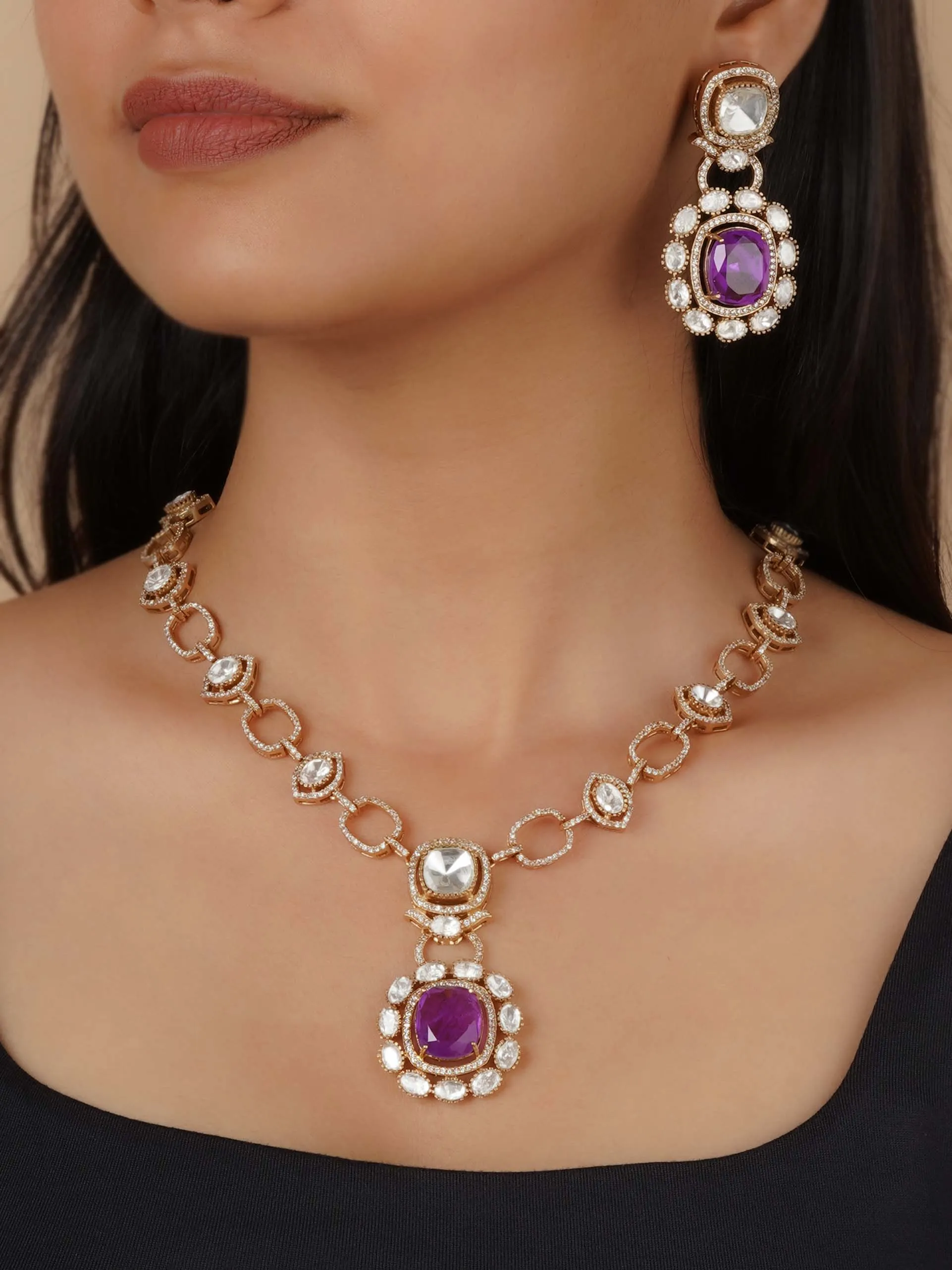 Gold Plated Faux Polki Necklace Set - PK-S253