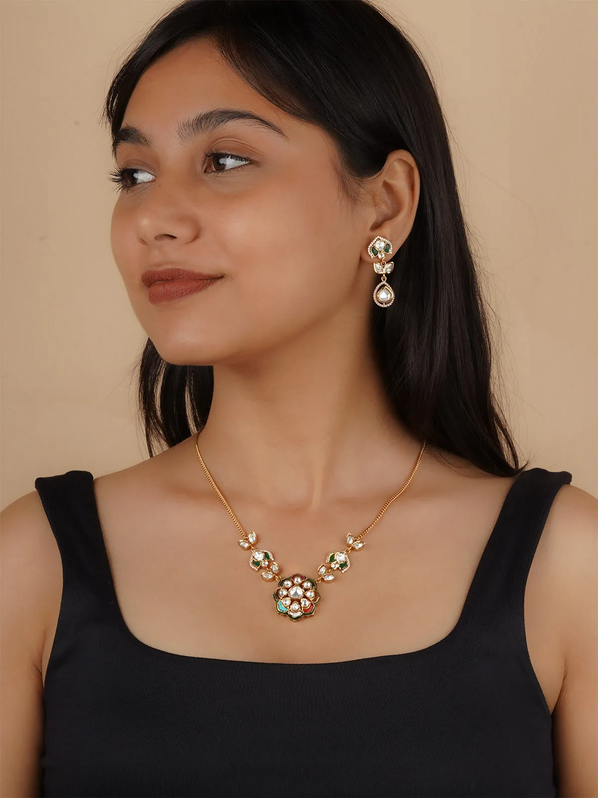 Gold Plated Faux Polki Necklace Set - PK-S264