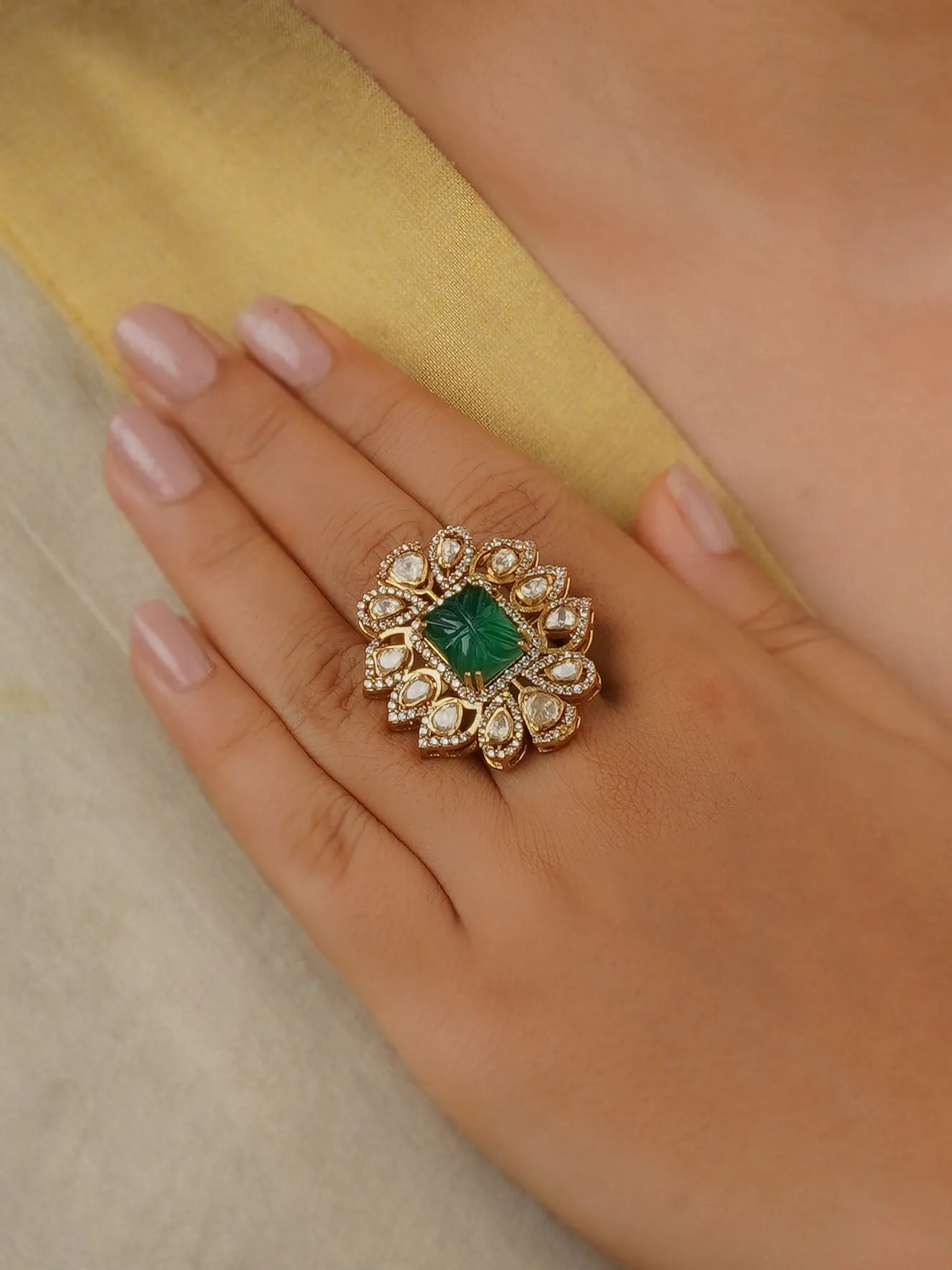 Green Color Gold Plated Faux Polki Ring - PK-R9GR