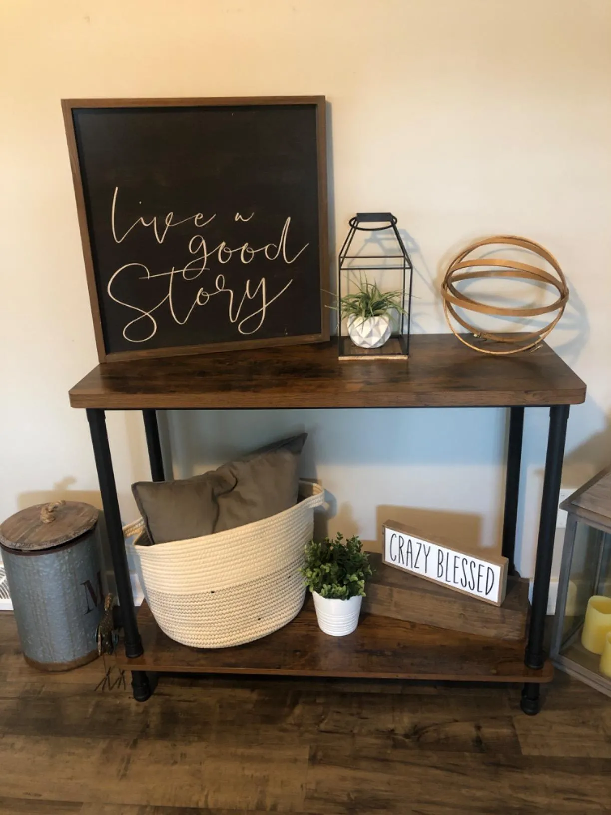 Industrial Console Table, Sofa Table with Iron Pipe Legs and 12 Inch Thick Table Top, Easy Assembly