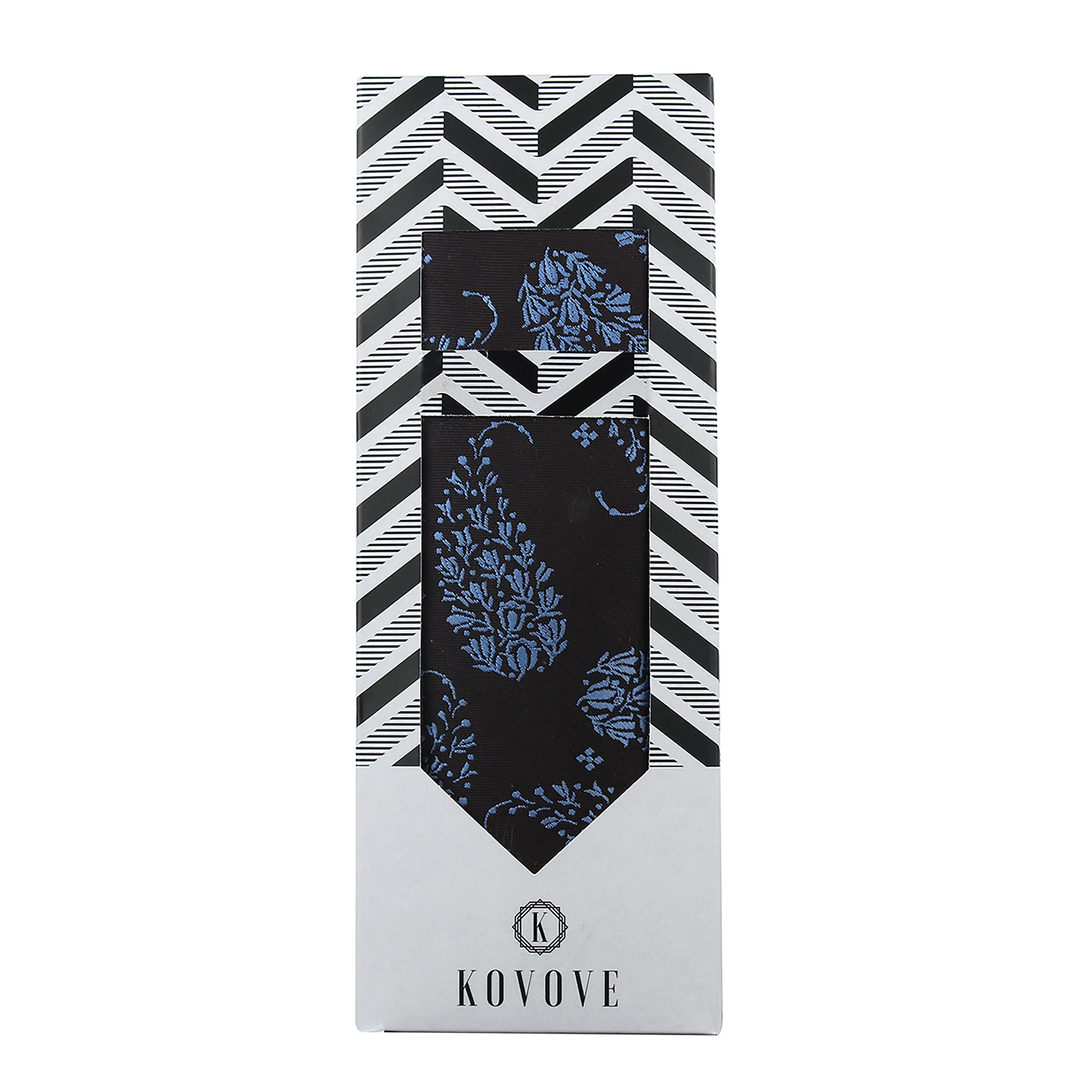 Kovove Black Floral Necktie and Pocket Square Gift Box