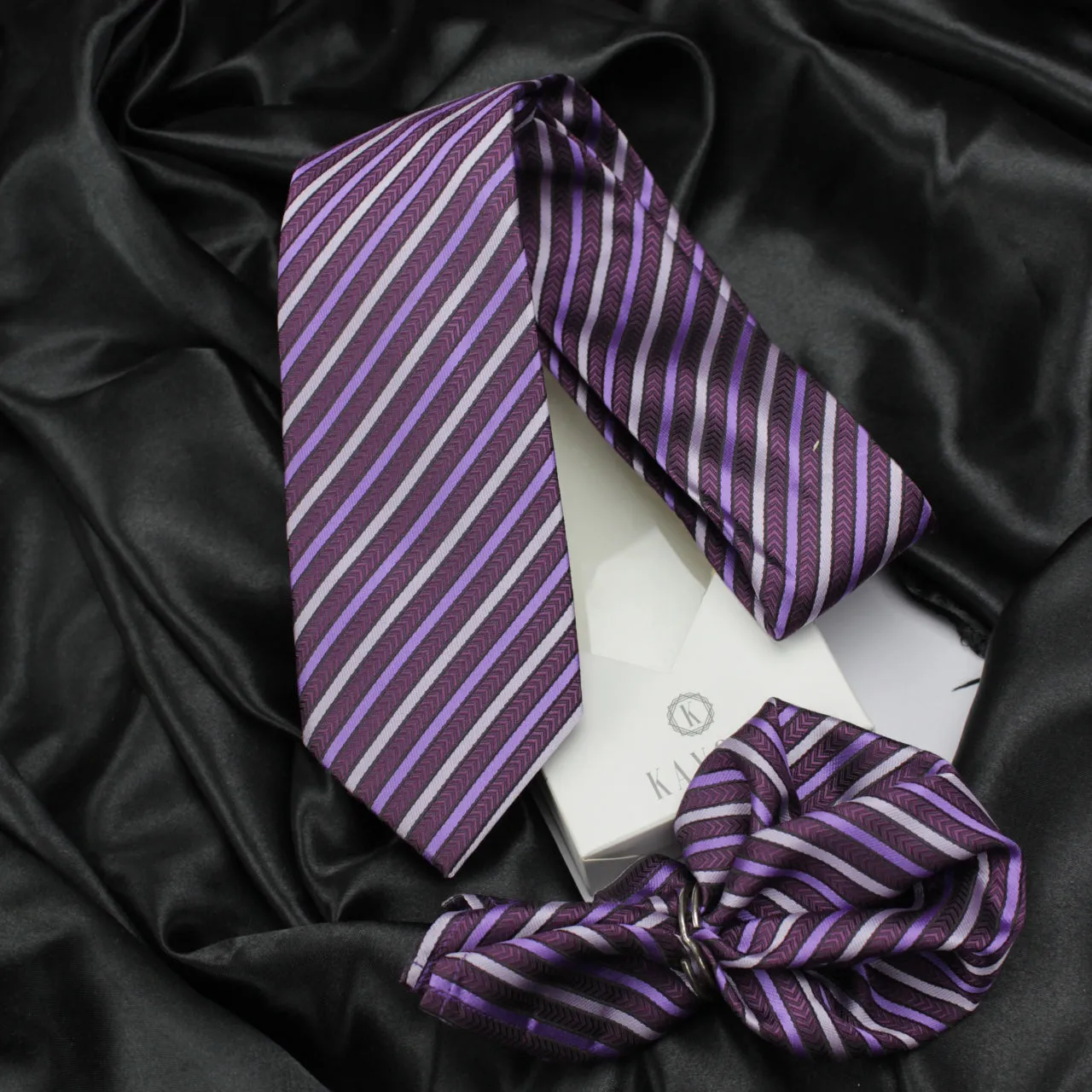 Kovove Purple Striped Necktie and Pocket Square Gift Box