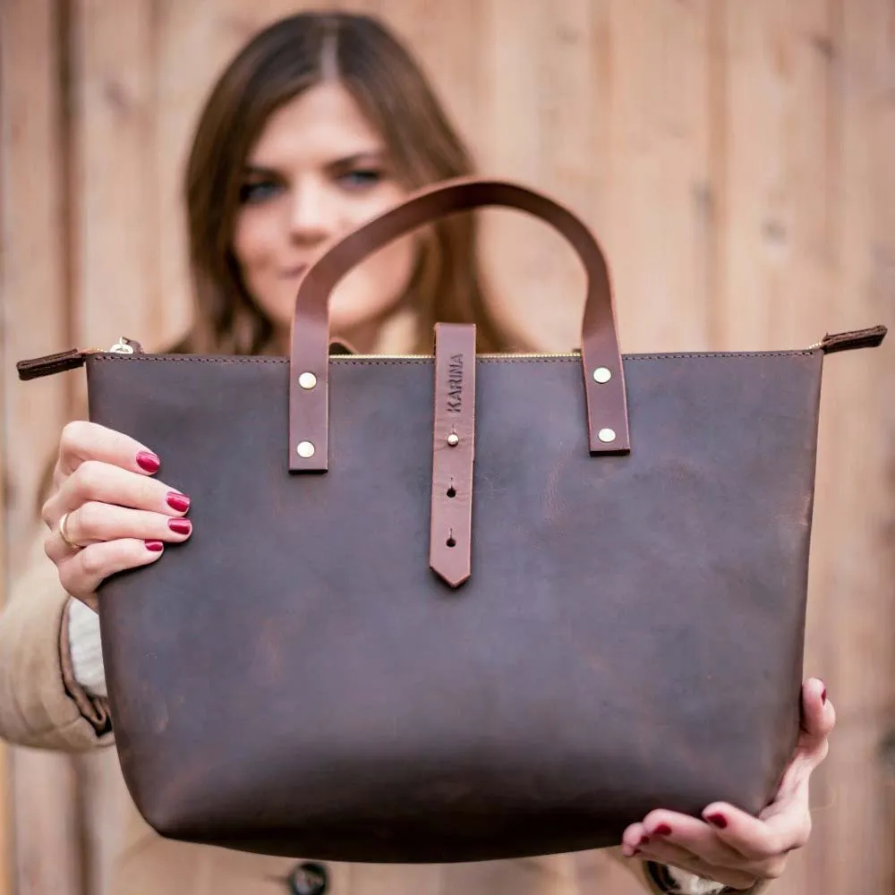 Leather Tote Bag with Zip - Dark Brown