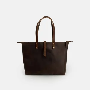 Leather Tote Bag with Zip - Dark Brown