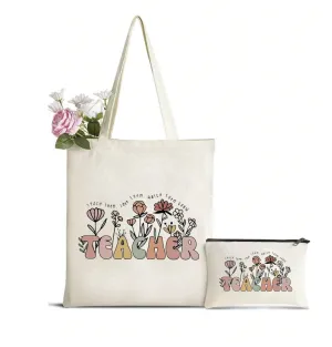 Letter Print Tote Bag With Makeup Bag "Teacher flowers"