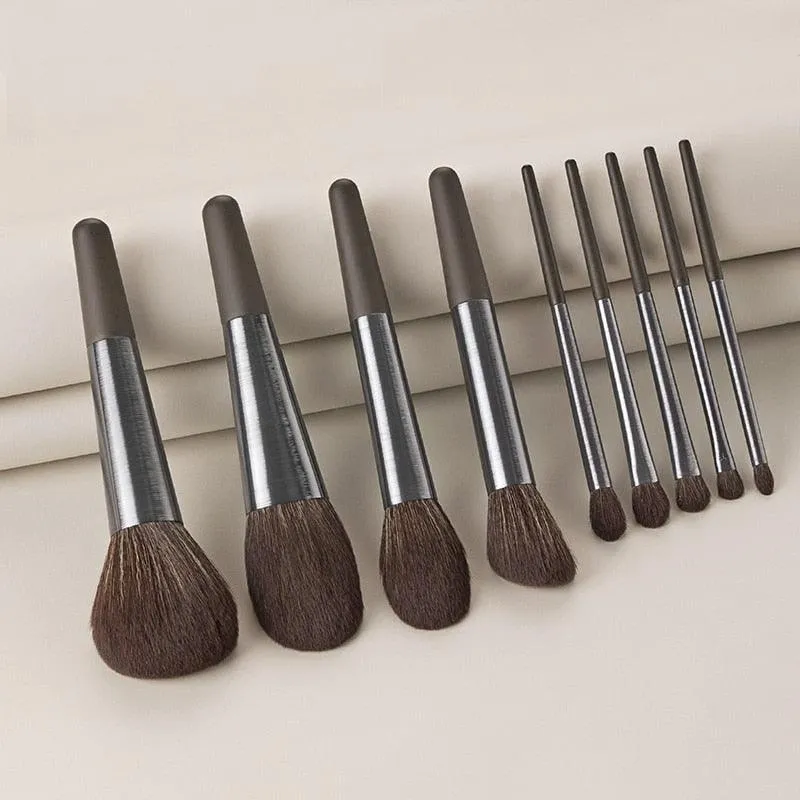 Long Brushed Aluminum Tube 9pcs Makeup Brushes Set Professional