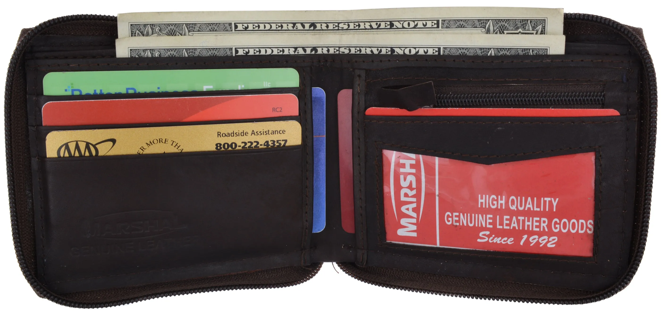 Marshal Genuine Leather Men Zipper Credit Card Holder Removable ID Bifold Wallet