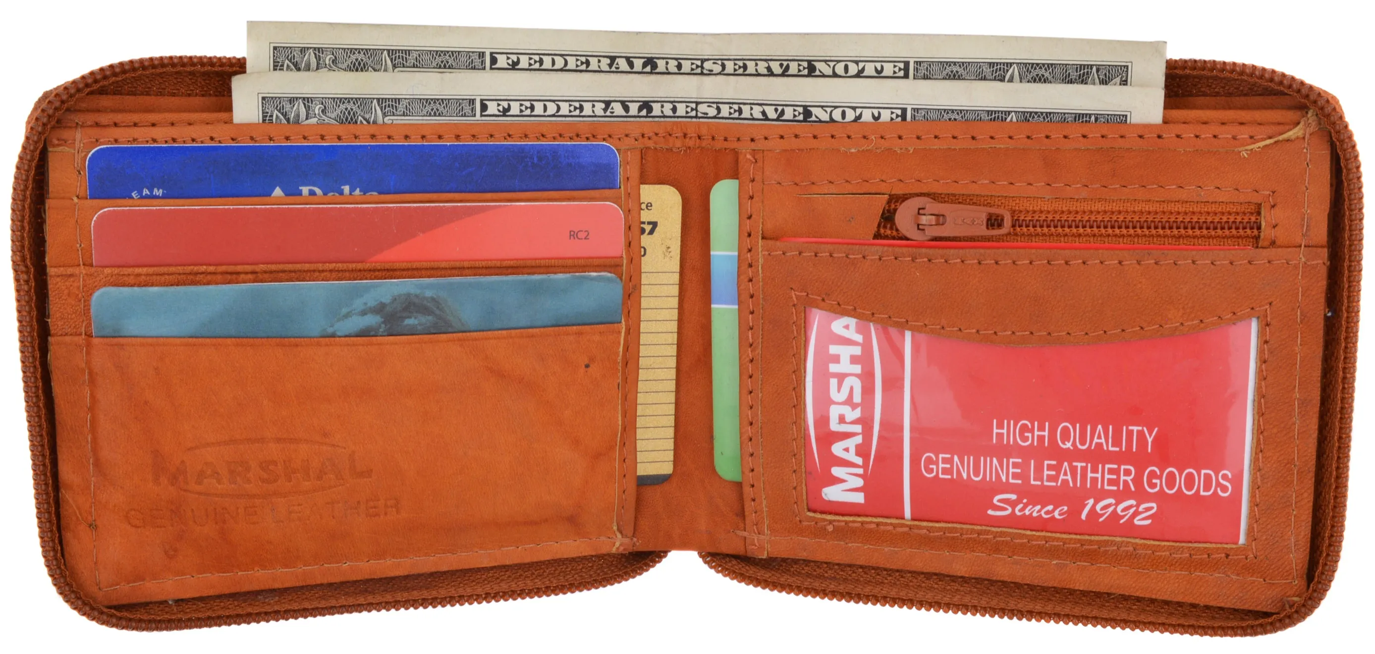 Marshal Genuine Leather Men Zipper Credit Card Holder Removable ID Bifold Wallet