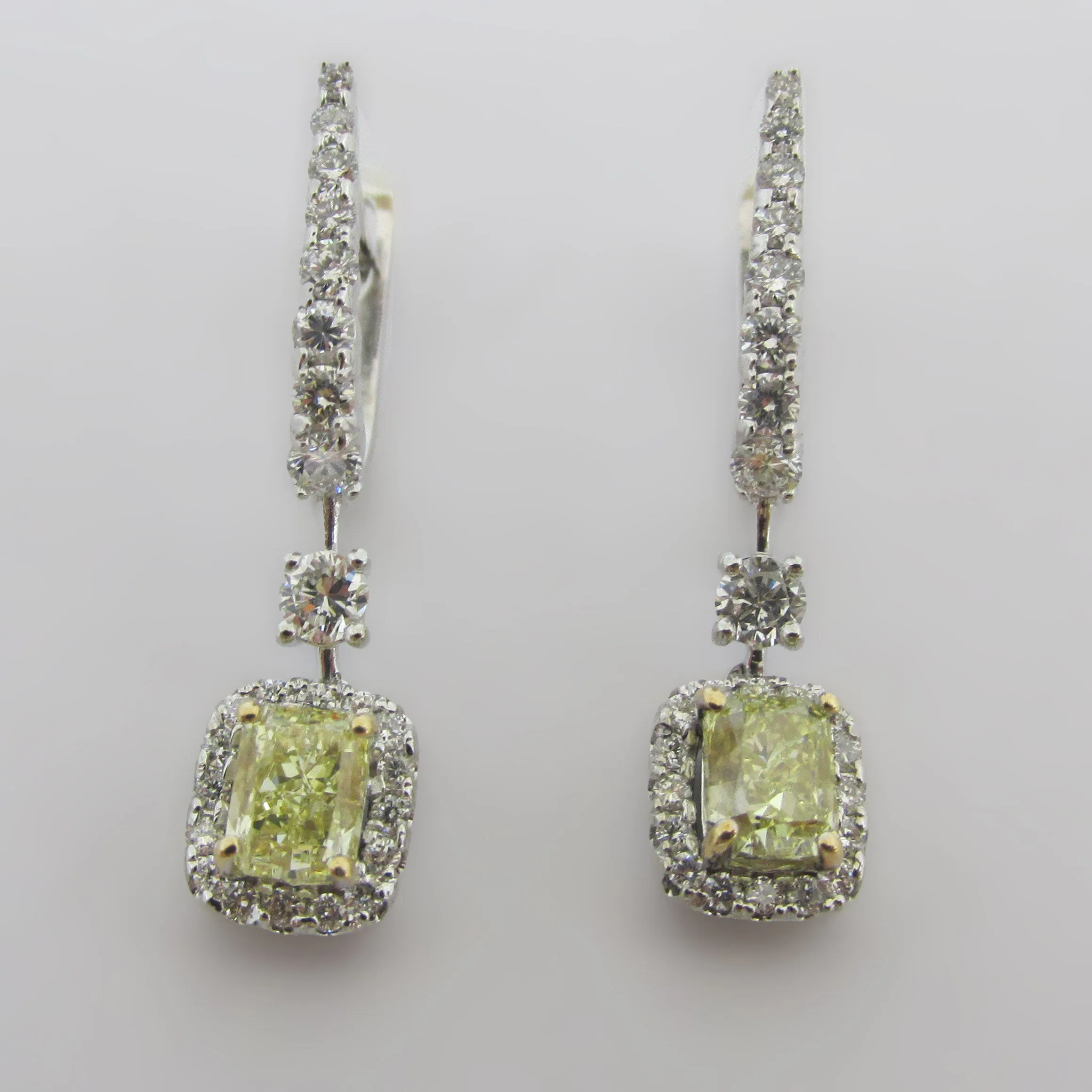 Natural Fancy Yellow Radiant Cut Diamond Drop Earrings 18k