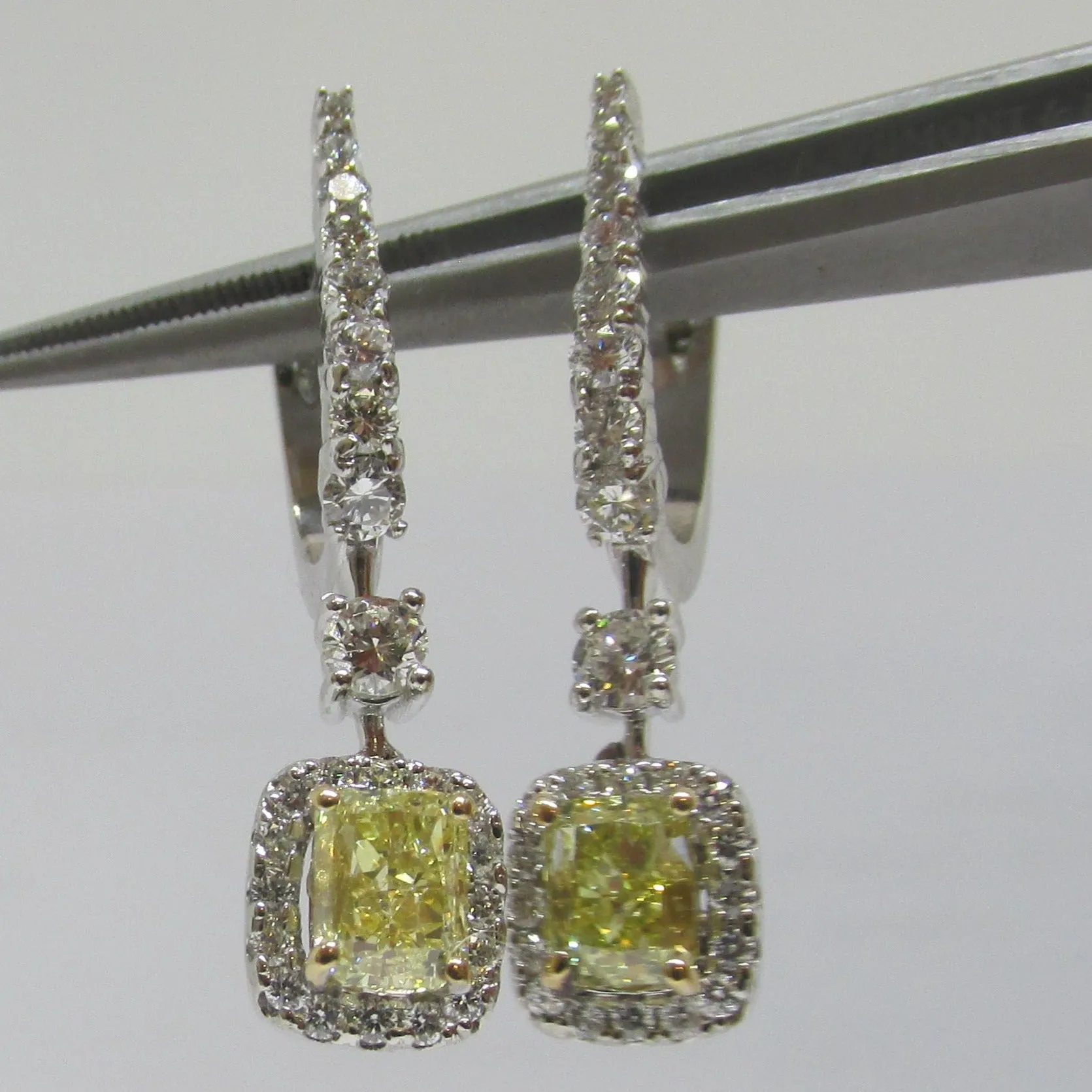 Natural Fancy Yellow Radiant Cut Diamond Drop Earrings 18k