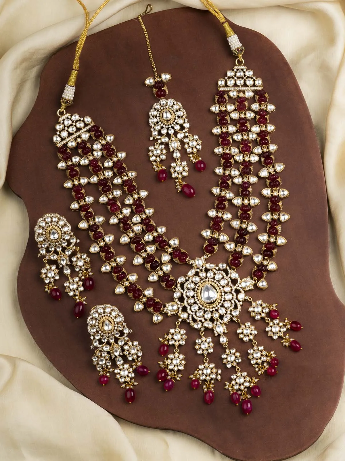 Pink Color Gold Plated Faux Polki Bridal Necklace Set - PK-S121P