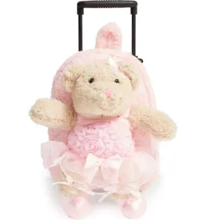 Popatu Kid's Ballerina Bear Pink Rolling Backpack with Removable Plush