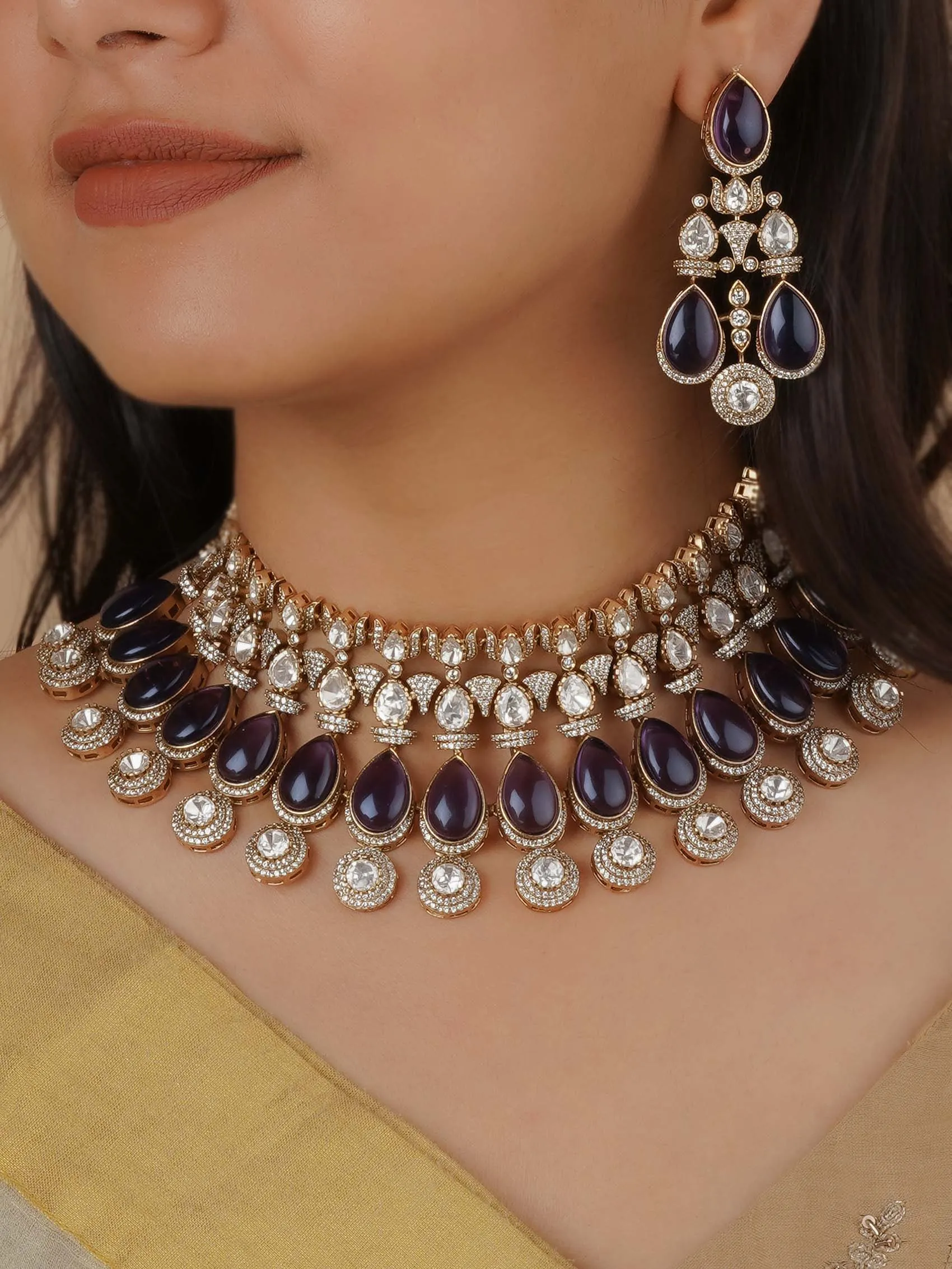 Purple Color Gold Plated Faux Polki Bridal Necklace Set - PK-S160PR