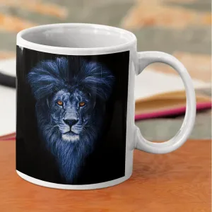 Regal Majesty: Portrait Blue Lion on White Mug