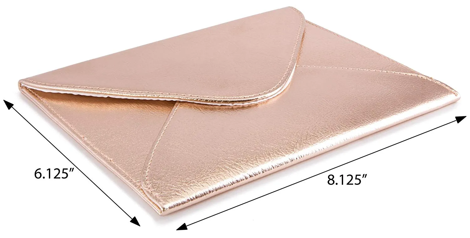 Small Envelope Clutch Bag, 8 x 6 inches, Metallic Rose Gold For Cosmetics, Makeup, Cellphone, and Wallet - Made of Premium Vegan Leather (SEV8)