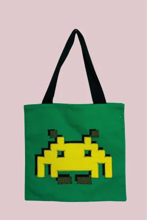 Space Invader Green Ankara Tote Bag