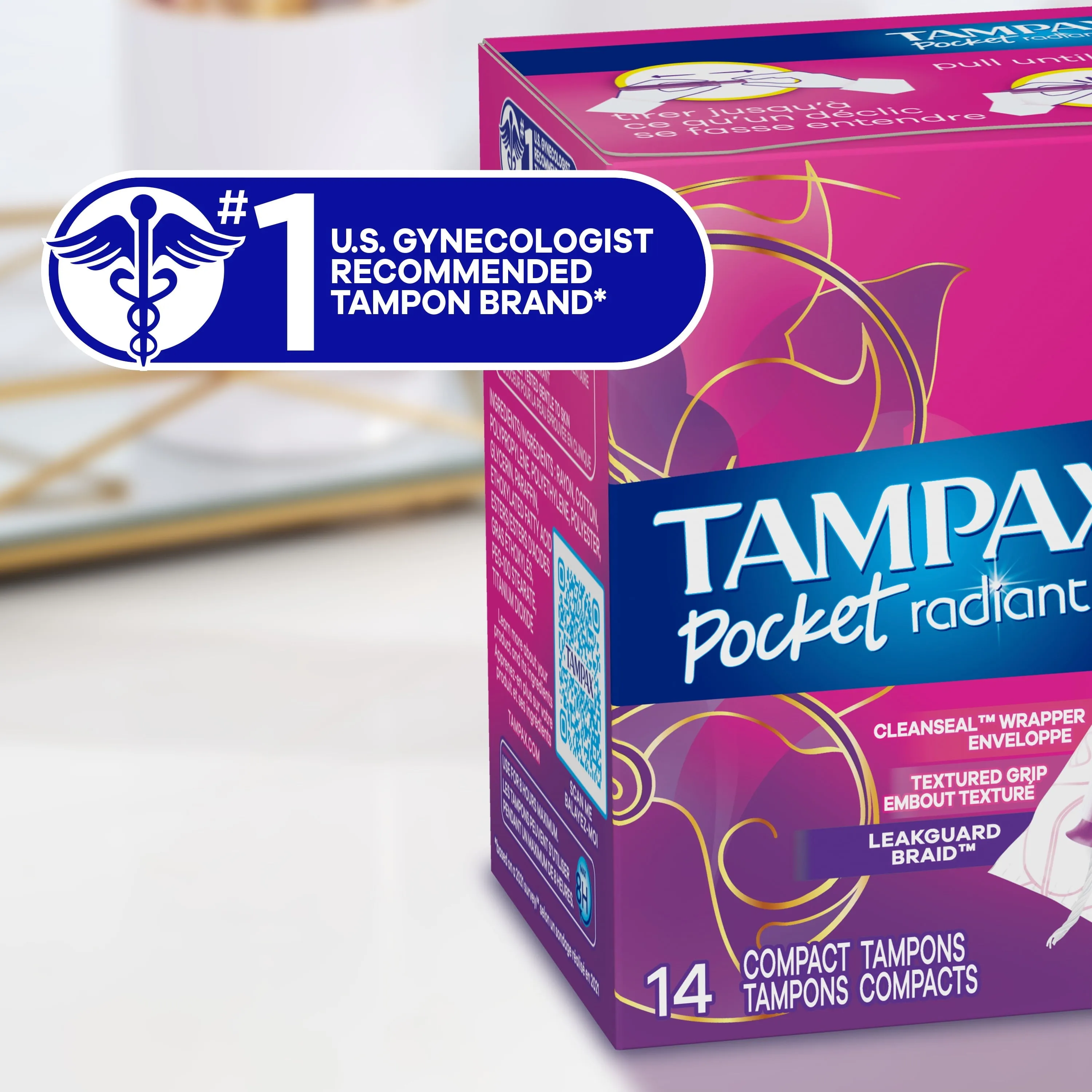 Tampax Pocket Radiant Tampons with Leak Guard Braid, Super Absorbency, 14 Ct