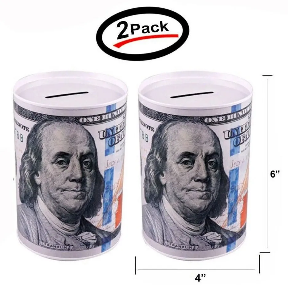 Tin Money Saving Piggy Bank 6" Ben Franklin $100 Bill Money Coin Saver (2 Pack)