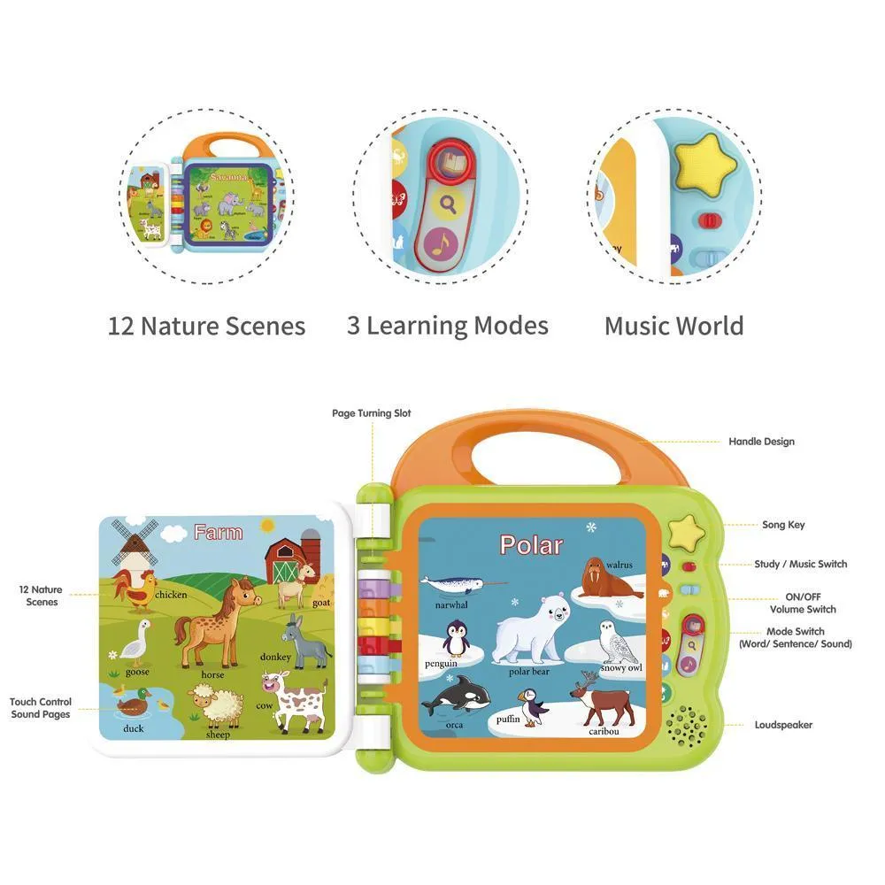 Touch And Teach Words Book of Animal World - 12 Nature Scenes - 3 Learning Modes & Music World - Gre