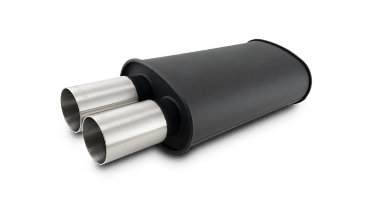 Vibrant STREETPOWER FLAT BLACK Oval Muffler with Dual 304SS Brushed Tips; Inlet ID: 2.50" (63.5mm) Tip OD: 3.00" (76.2mm); Muffler Body Size: 9"W x 5"H x 15"L; Tip Location: Center of End Cap  - 12320