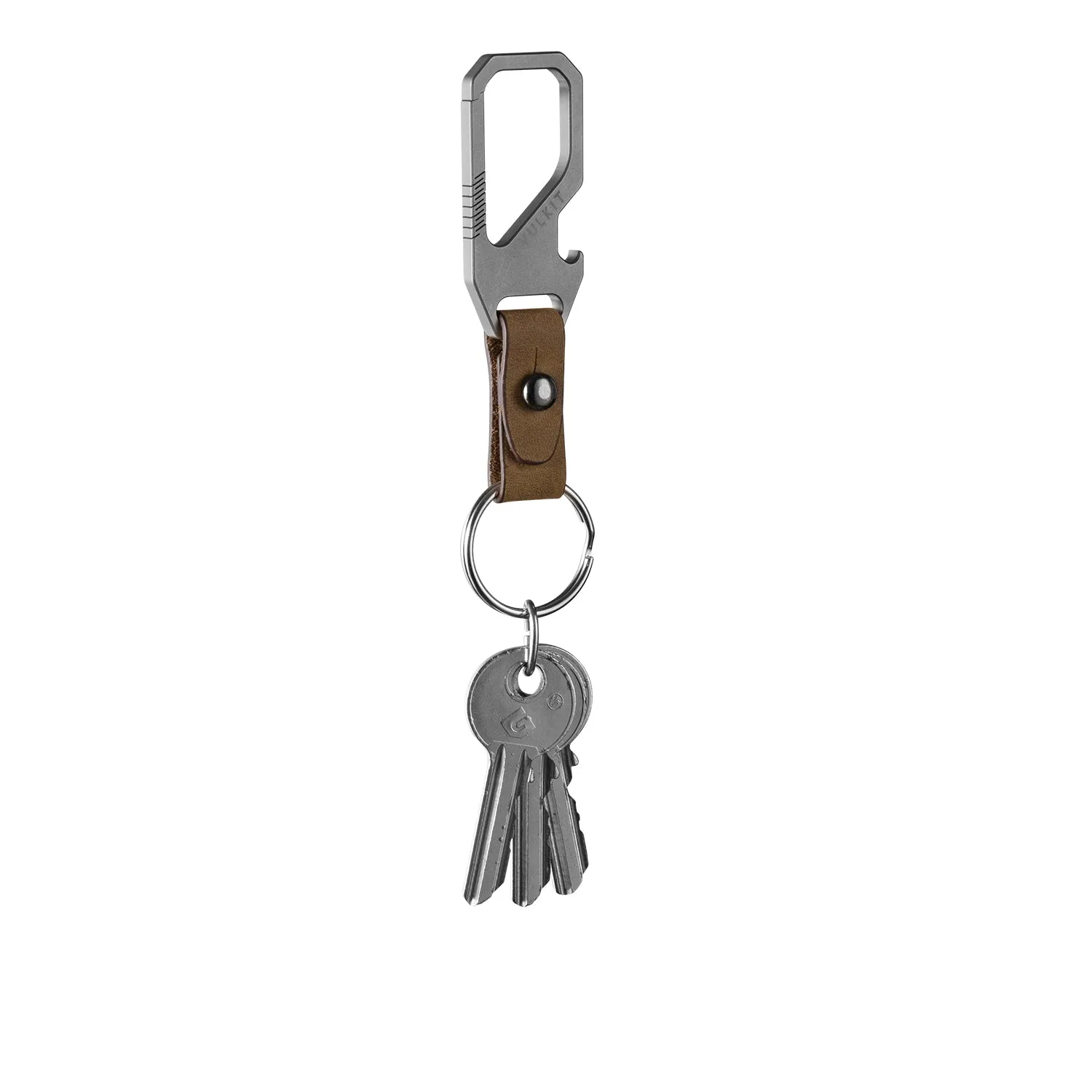 VKC100 - Titanium Leather Belt Loop Keychain with Bottle Opener & EDC Carabiner Key Ring