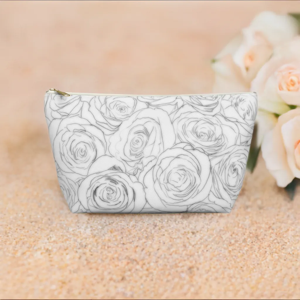 White Rose Side Bag Gift For Her Makeup Bag White Toiletry Accessory Pouch w T-bottom