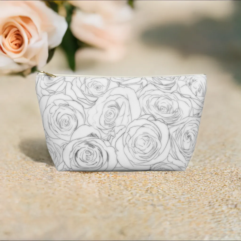 White Rose Side Bag Gift For Her Makeup Bag White Toiletry Accessory Pouch w T-bottom