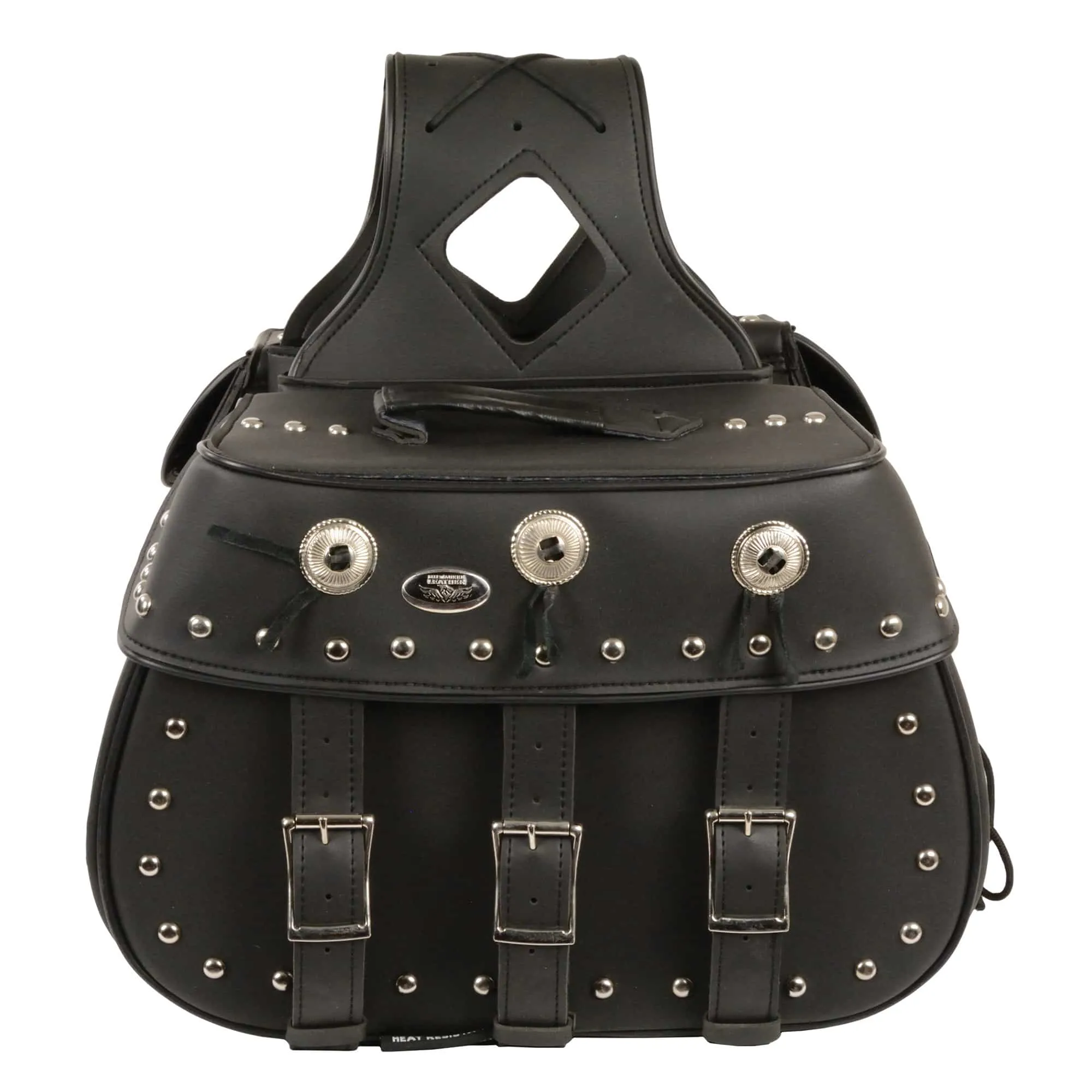 Zip-Off Triple Buckle PVC Throw Over Saddle Bag w/ Studs & Conchos (18X11X7X19)