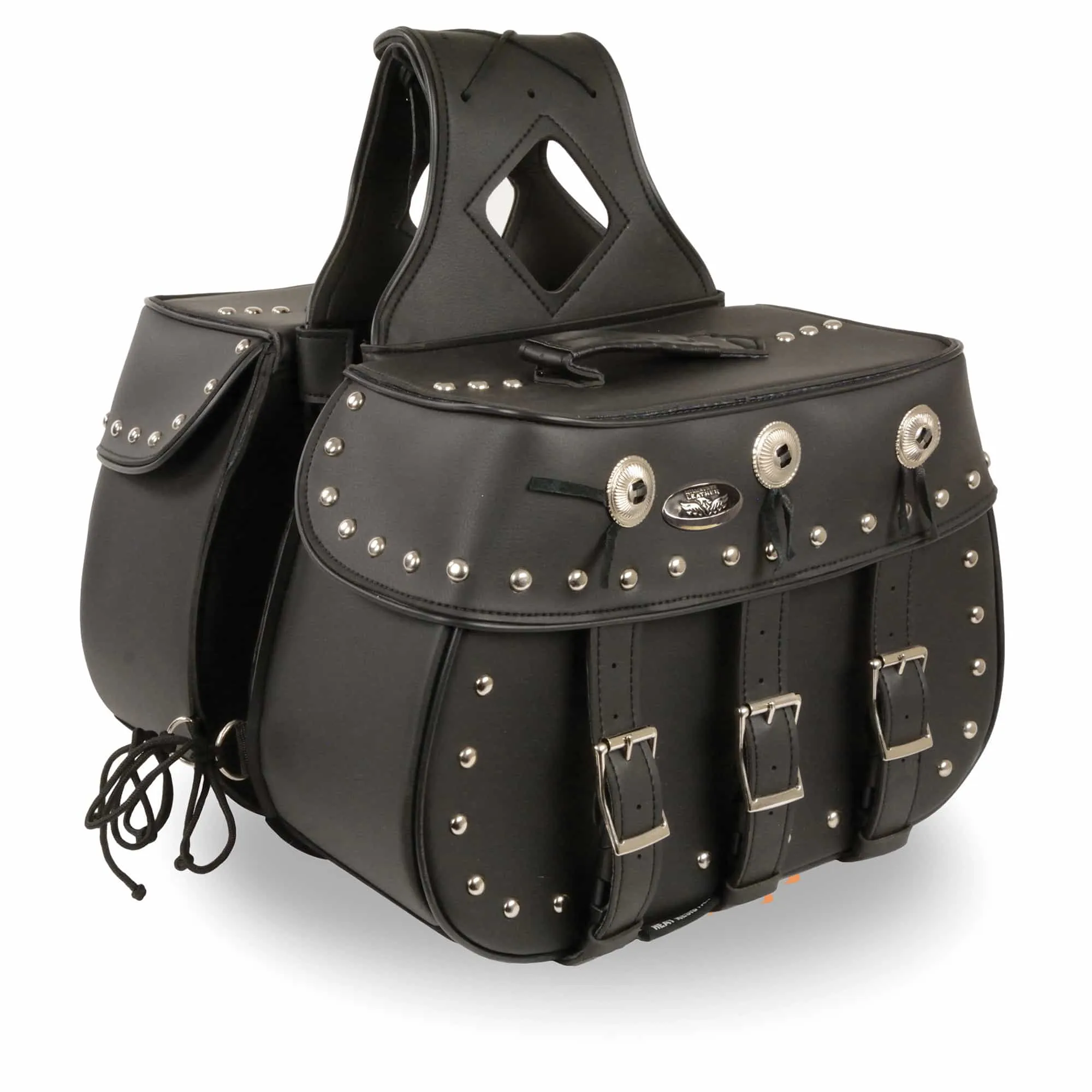 Zip-Off Triple Buckle PVC Throw Over Saddle Bag w/ Studs & Conchos (18X11X7X19)